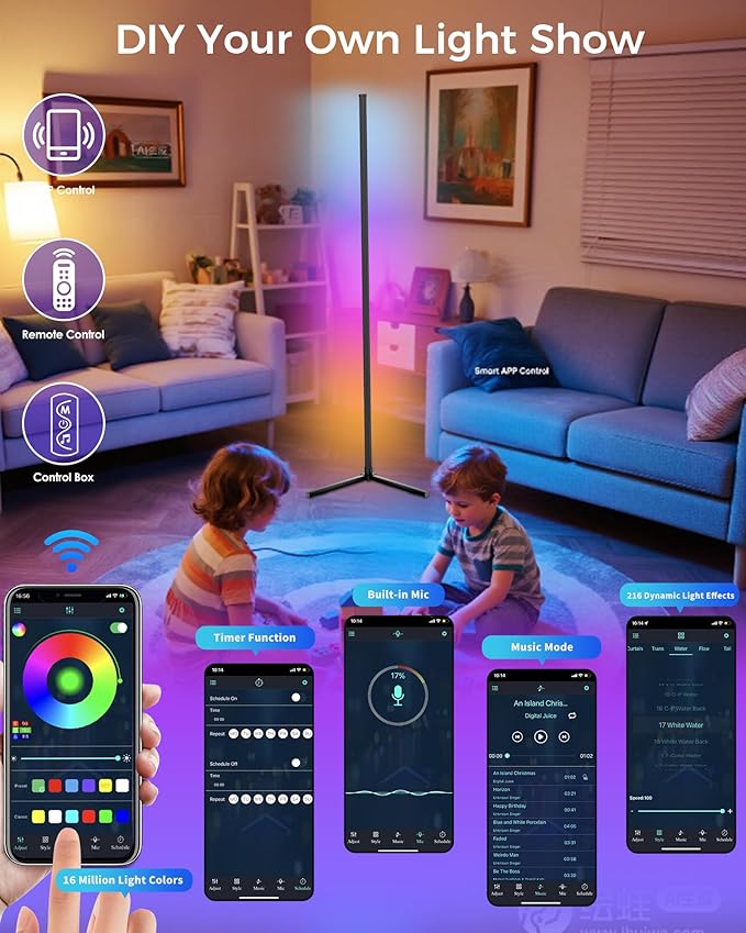 boostool LED Corner Lamp, 65" RGB Corner Floor Lamp with 16 Million DIY Colors, 216 Dynamic Light Effects and Music Sync - App and Remote Control LED Lamp for Bedroom, Living Room, Gaming Room