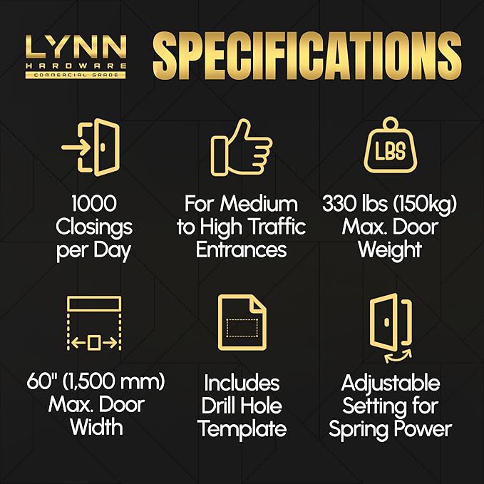LYNN HARDWARE Medium/Heavy Duty Automatic Door Closer (Matte Black) - Commercial Grade, Contractors Choice, Adjustable Speed & Force, 3 Mounting Options, 3 Hour Fire Rated (DC7016 Model)