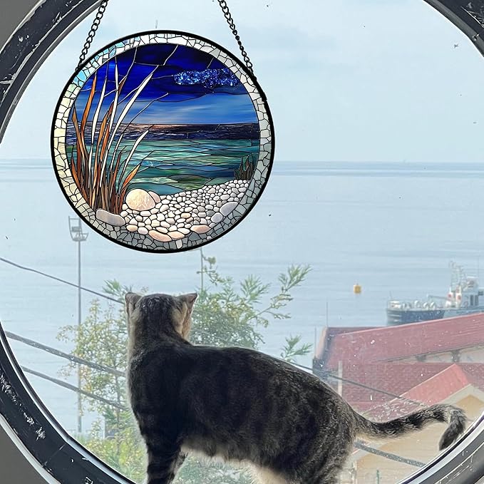 AMDERVEN Stained Glass Window Hanging 4 Pcs Set Navy Blue Ocean Landscape 6.3" - Suncatcher Door Garden Sun Catcher Decor Birthday Mother's Day for Mom Woman Nana Girl Boy Friend