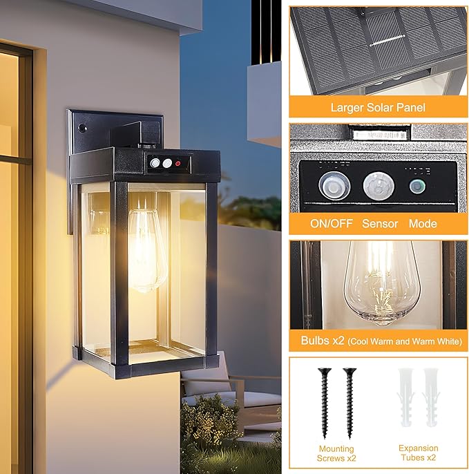 CYHKEE 2 Pack Solar Wall Lights Outdoor Waterproof with 3 Lighting Modes & Motion Sensor, Dusk to Dawn Exterior Porch Light fixtures, Solar Wall Lantern Fixture for Garage Porch Yard Front Door