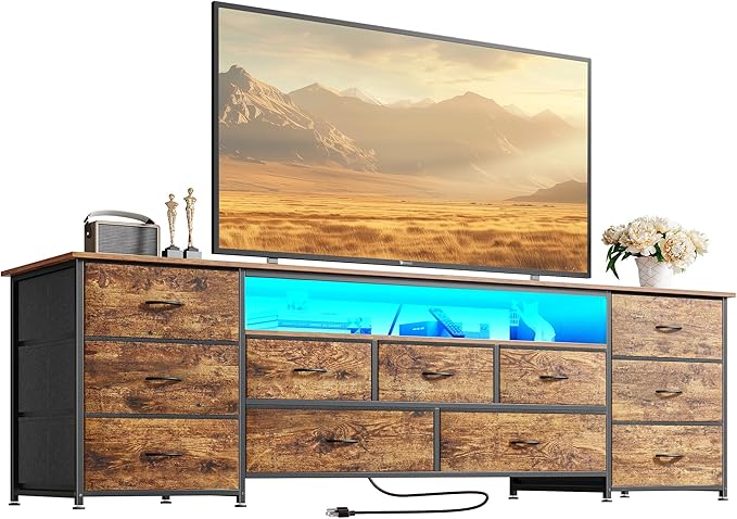 Huuger 70 Inch TV Stand for 75, 80 Inch TV, 11 Drawer Long Dresser with Power Outlets and LED Lights, Entertainment Center with Storage, Rustic Brown Dresser with Printed Surface, 1TS011F
