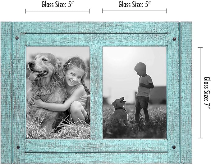 Americanflat Hinged 5x7 Double Picture Frame with 2 Photo Openings and Polished Glass - Distressed Wood Collage Picture Frames for Tabletop and Wall Display - Hampton Collection - Turquoise Blue