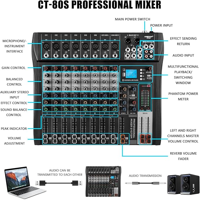 8 Channel Professional Audio Mixer with 48V Phantom Power, USB Audio Interface, Bluetooth & MP3 Player, Sound Board for Podcast, Home Studio, Live Streaming & Recording