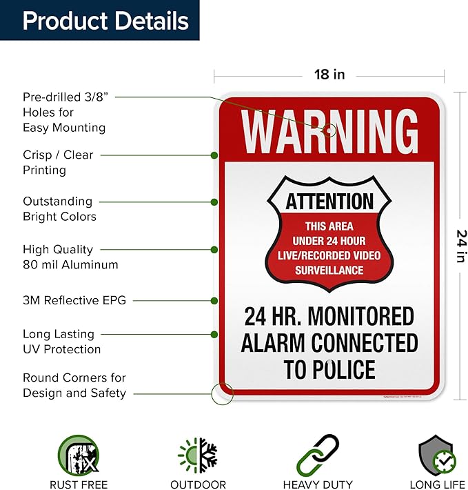 Warning 24 HR. Monitored Alarm Connected To Police Sign, 18x24 Inches, 3M EGP Reflective, Rust Free .080 Aluminum, Fade Resistant, Made in USA by My Sign Center