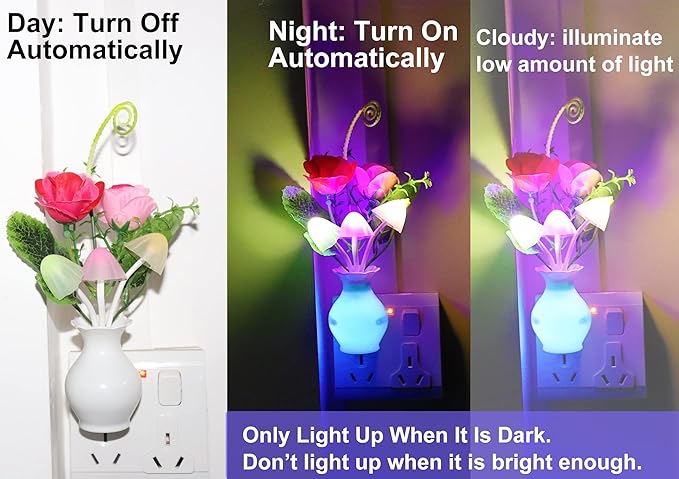 AUSAYE 1Pack Plug in LED Night Light Auto Dusk to Dawn Sensor,0.5W Energy Saving Lamp Dream Nightlight Rose Flower Mushroom Night Lights for Kids Adults Bedroom,Bathroom,Living Room,Kitchen,Hallway