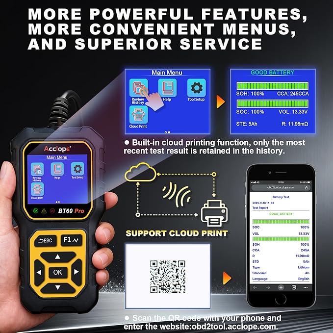 Acclope BT60 Pro Car Battery Tester, Digital Analyzer with Cloud Printing, 100-3000 CCA Range for 6V/12V/24V AGM, Lithium, Gel Batteries, Automotive Charging System