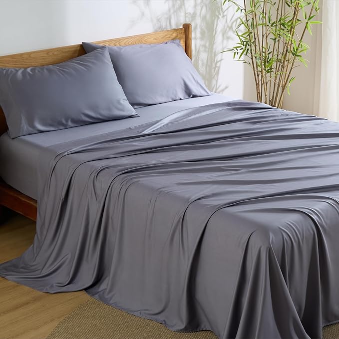 Bedsure Queen Sheet Set, Cooling Sheets for Queen Size Bed Set, Rayon Derived from Bamboo, Breathable & Soft, Deep Pocket Up to 16", Hotel Luxury Silky Bedding for Hot Sleepers, Dark Grey