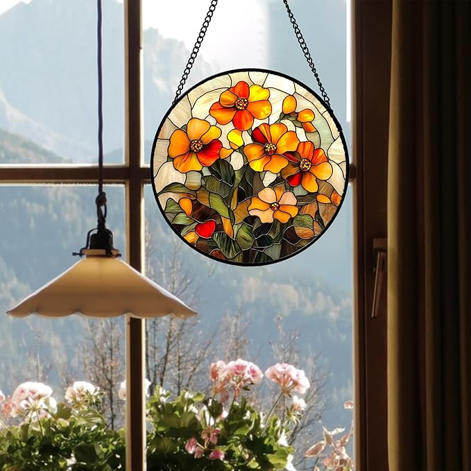 CRISGIF Stained Glass Window Hanging - Orange Marigolds Flowers Suncatcher for Door Garden Yard Sun Catchers Decor Christmas Mother's Day Birthday Gifts for Women Mom Nana Girlfriend Men 11.8 in