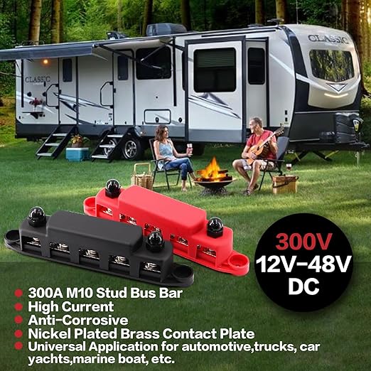 Tuijodaix 300A Bus Bar 5 Post 12V-48V DC Power Distribution Block,5 * 3/8"(M10) Battery Terminal Studs with Cover and Wire Lugs for Wiring,Automotive,Marine,Battery busbar (Red&Black)
