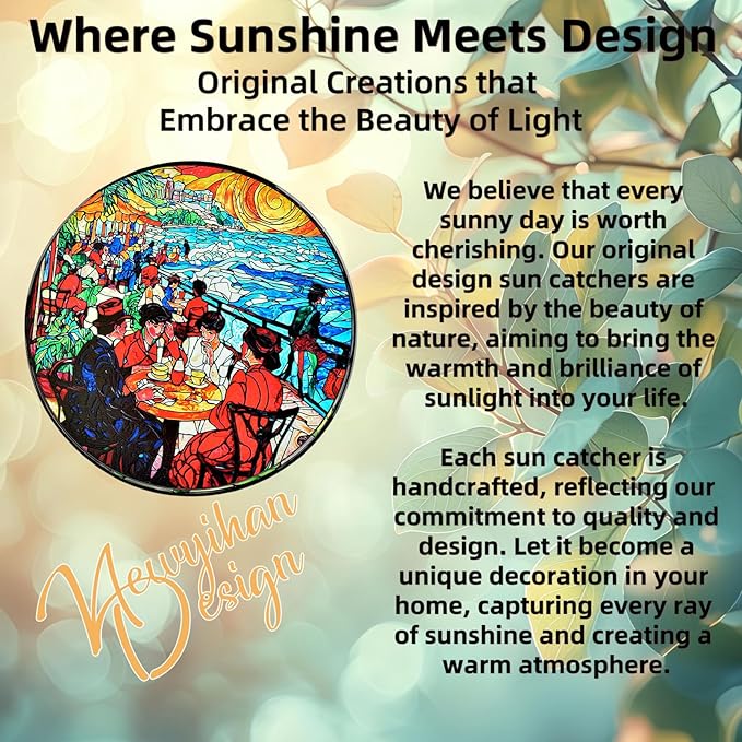 Stained Glass Window Hanging, Stunning 8''/20CM Suncatchers for Windows with Fade Resistant Hand-Painted Decorative Hanging Ornaments Captures Sunlight to Create a Vibrant Atmosphere (Beach Cafe)