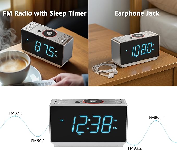 iTOMA Alarm Clock Radio with Bluetooth Speaker, FM Radio, Dual Alarm with Snooze, Large LED Display, Dimmer Control, USB Charging Output and Night Light CKS708