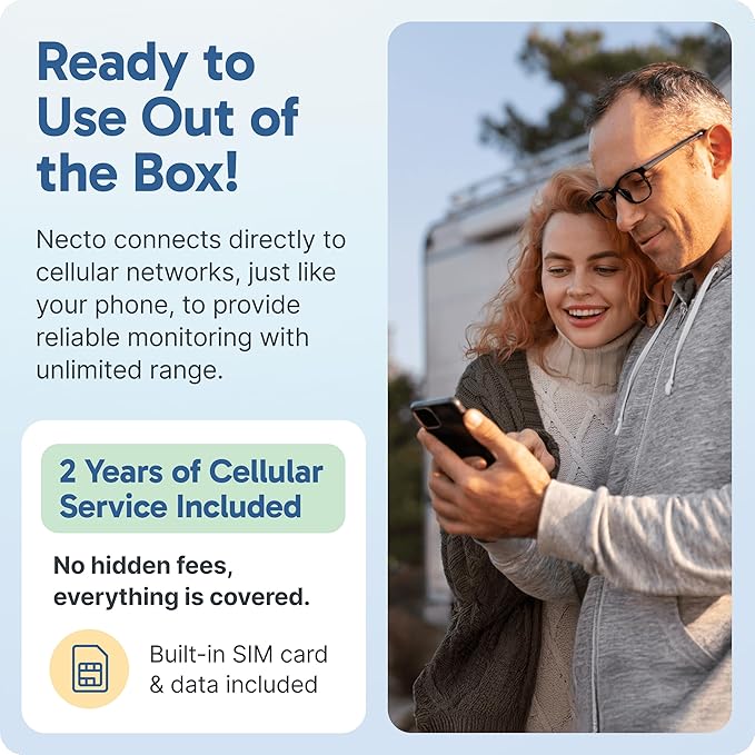 Necto Cellular Temperature Monitor- RV Pet Safety Temp Monitoring System. Remote Power Outage & Humidity Sensor with App Alerts for Car, Camper, Home & Server Room. (2 Year Subscription Included)