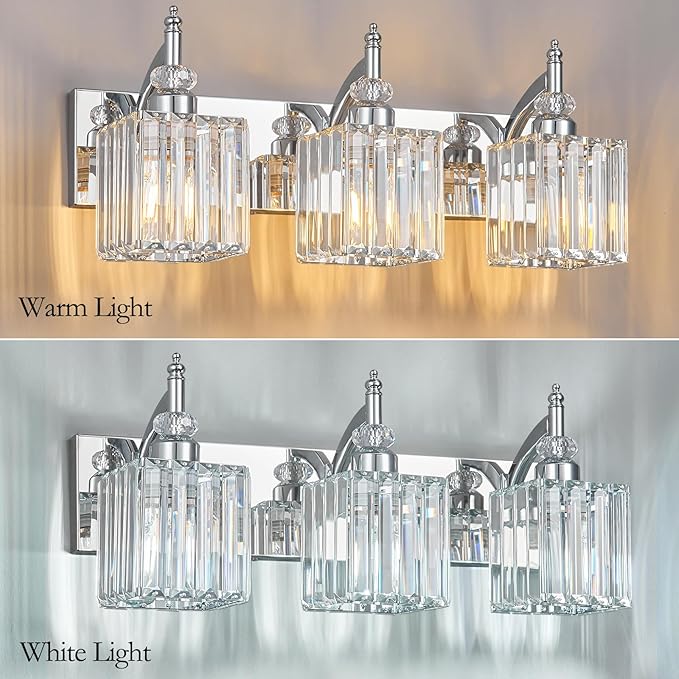 BBLLWJ Modern Bathroom Vanity Light 3-Light Chrome Crystal Light Fixtures Over Mirror for Bathroom Wall Sconce