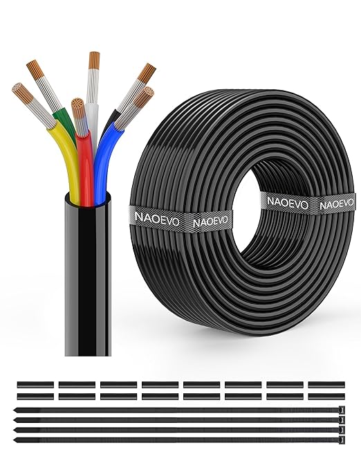 NAOEVO 16 Gauge Wire 6 Conductor Electrical Wire, 16 AWG Stranded PVC Cord, 12V Low Voltage/Tinned Copper/Flexible Cable for Automotive Wiring, Lamp Cord, Marine Cable (30FT)