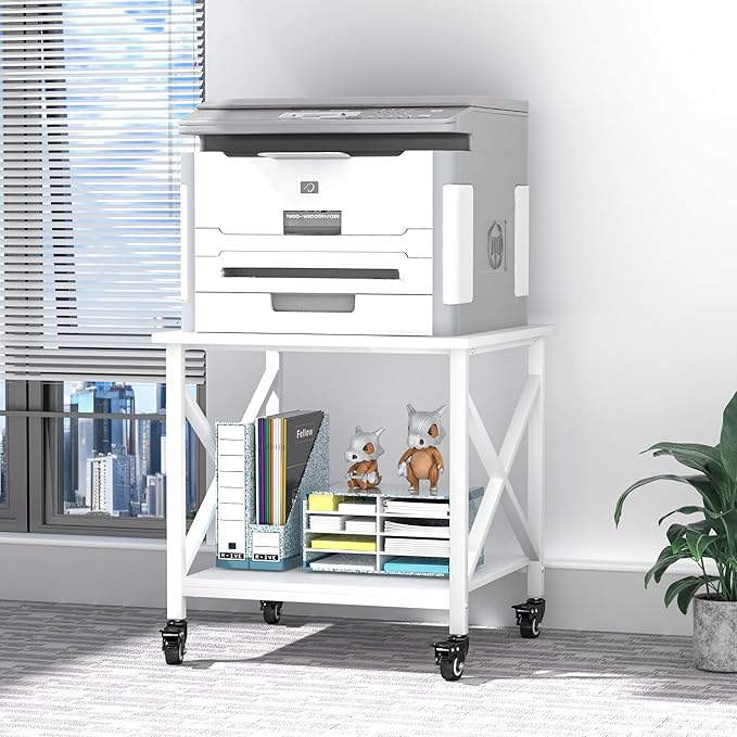 TQQDCI Printer Stand, 23.6 x 23.6 Inches Large Printer Stand with Storage Shelf, 2 Tier Printer Table for Home Office, Rolling Printer Cart with Industrial Wheels, Mini Fridge Stand Table, White