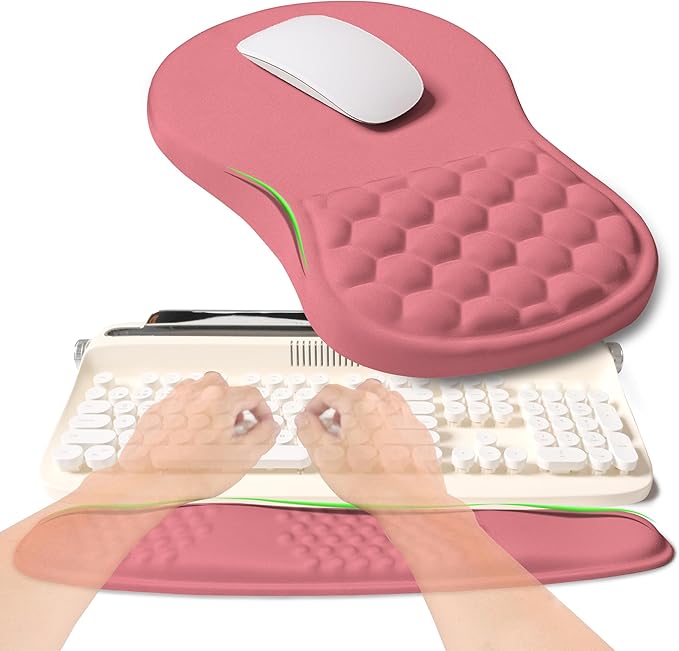 KUOSGM 2-in-1 Ergonomic Set, Wave Rise Keyboard Wrist Rest and Massage Bulge Slope Mouse Pad Wrist Support, Cushion Memory Foam Integrated to Relieve Wrist Pain, Muskmelon Pink