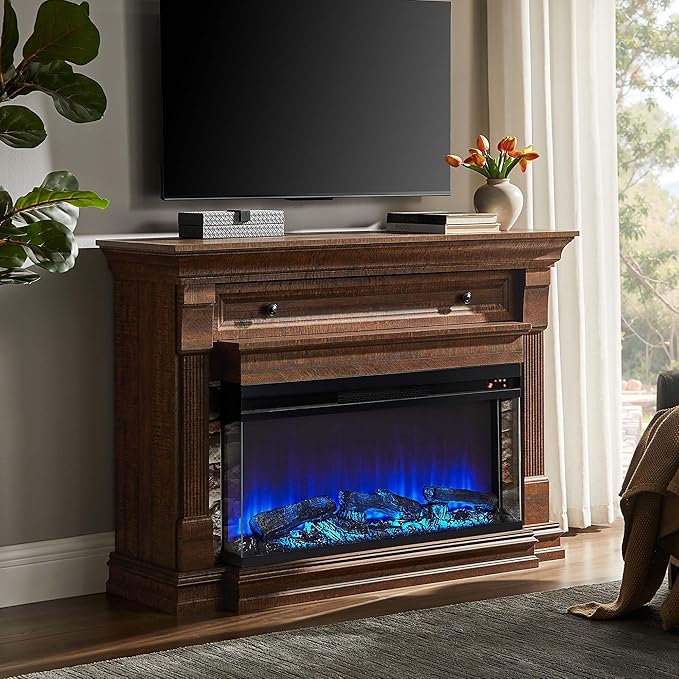 OKD 52 Inch Electric Fireplace with Mantel, Fireplace TV Stand with 36" 3-Sided Glass Electric Fireplace Heater for Living Room (Brown)