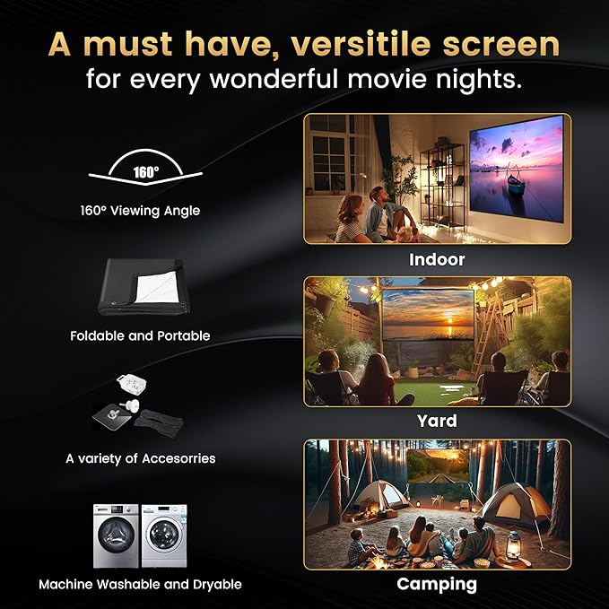 100 inch Projector Screen 2025 Upgraded - Black Backing,Straight Edges, Foldable, Washable and Wrinkle-Free - for Indoor Home Theater and Outdoor Cinema - White 16:9 by IOLIEO