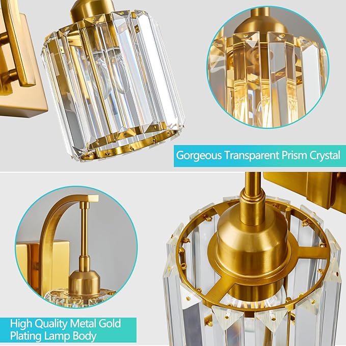 FDPBY 5-Light Crystal Vanity Light, Modern Gold Bathroom Wall Sconce with K9 Crystal Shades, 42.51" Long Over Mirror Lighting for Vanity, Makeup, Hallway, Elegant & Easy Installation