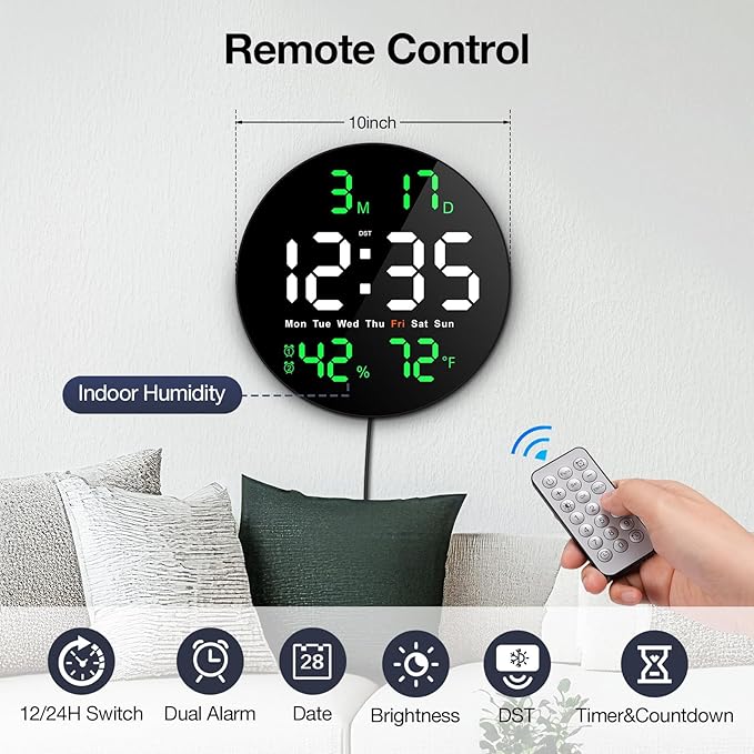 Brauthon Large Digital Clock for Classroom, Digital Classroom Clocks for Teachers, 10" Round LED Clock with Large Display，Date, Countdown Timer, Remote Control, Temperature, Electric (Green)