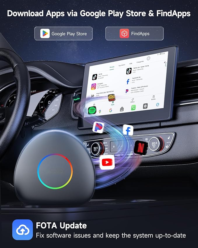 ATOTOMOVE Wireless CarPlay Magic AI Box, Upgraded CB6C Video Streaming Plug & Play Carplay Box for iPhone & Android Auto with ChatGPT, Supports YouTube, Netfilx, TikTok, 4G LTE, 4G+64G