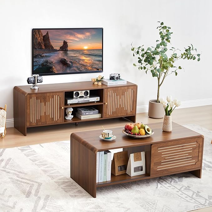 MAHYIZYI 58'' TV Stand for 65 inch TV, Mid Century Modern Entainment Center with Storage Cabinets & Open Shelf, Wood Media TV Console Table for Living Room, Office