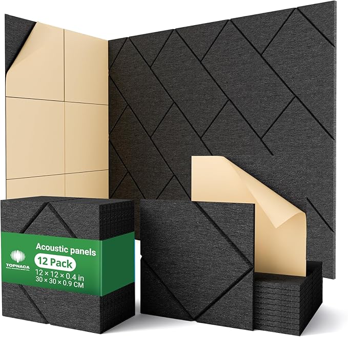 Topnaca Decorative Acoustic Soundproof Walls Panels for Room, 12 Pack Blcak Self Adhesive Sound Absorbing and Noise Reducing Tiles for Studio, Bedroom, Home Office, Ceiling, Pared, 12"x12"x0.4"
