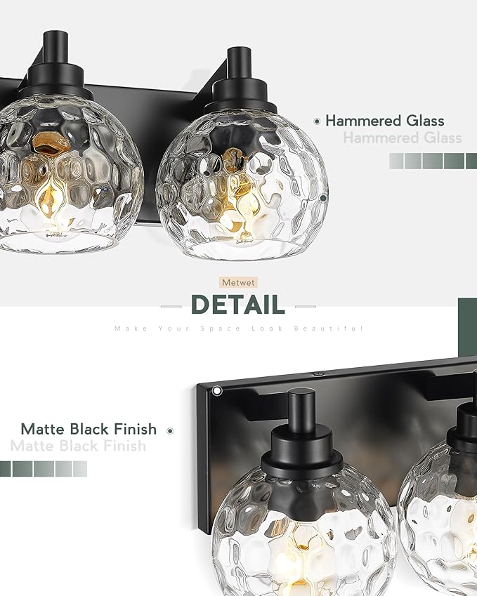 METWET Bathroom Light Fixtures Over Mirror, 3-Light Matte Black Vanity Light with Clear Hammered Glass Globe Shade, Modern Sconces Wall Lighting for Bedroom Hallway, VL200-MB-3