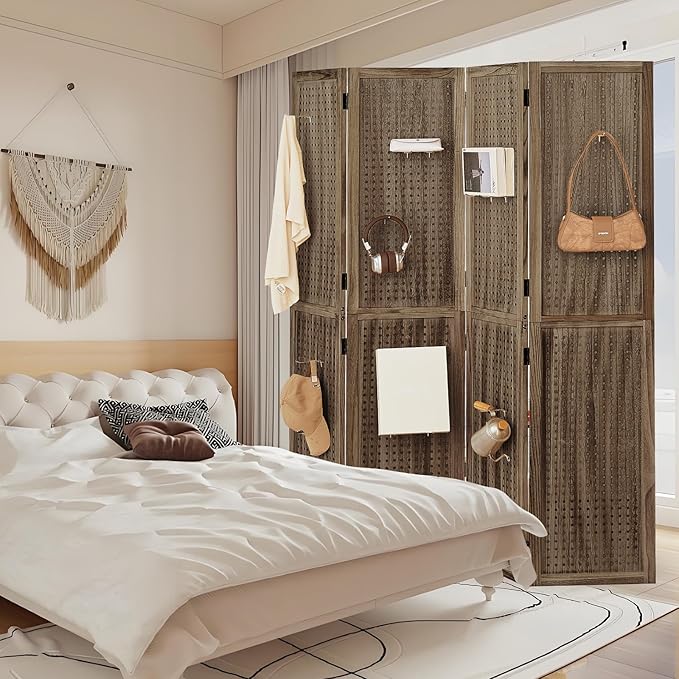 Leesinwing 4 Panel Wooden Room Dividers, 5.6FT High Plug-in Folding Screen Made of Natural Wood, Pegboard Display for Bedroom and Shopping Malls and Jewelry Stores, Dark Brown