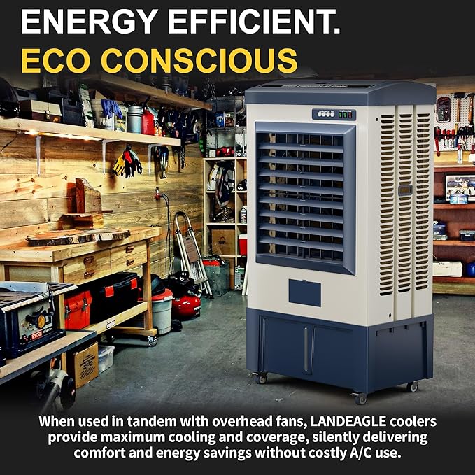 Landeagle 56″ Swamp Cooler Air Conditioner, 8979CFM Portable Evaporative Coolers with 35.5 Gal Tank,120°Oscillation, Outdoor Cooling Fan with Continuous Auto Fill for Patio Garage Industry Commercial