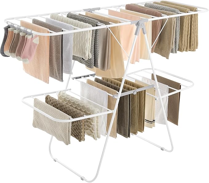 SONGMICS Clothes Drying Rack, Foldable 2-Level Laundry Drying Rack, Free-Standing Laundry Airer, with Height-Adjustable Wings, 33 Drying Rails, Sock Clips, White and Gray ULLR053G01V1