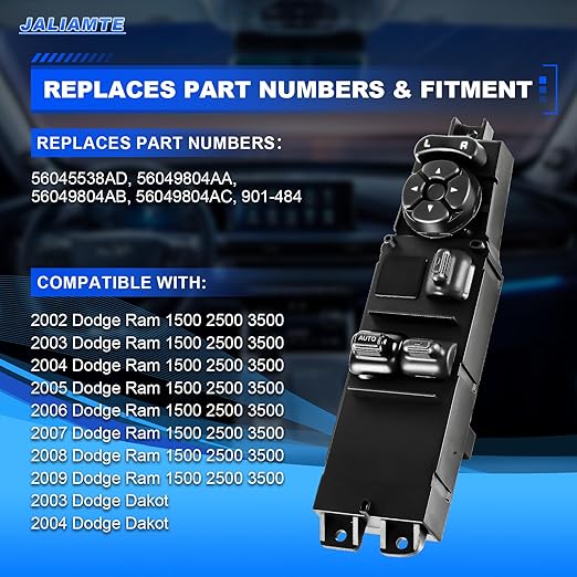 JALIAMTE 56045538AD Master Power Window Switch, 56049804AB Left Front Driver Side Control Power Switch Compatible with 2002-2009 Dodge Ram 2003-2004 Dodge Dakota, Replaces OE# 56049804AA, 901-484