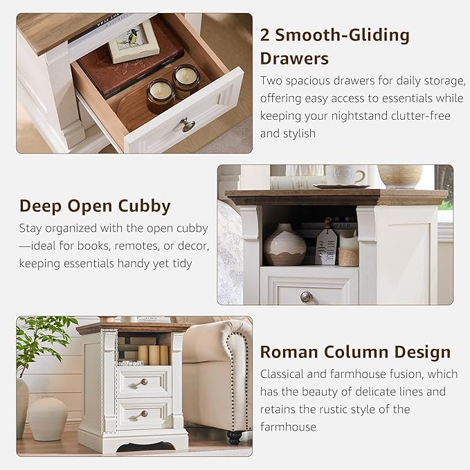T4TREAM Farmhouse Nightstand with Charging Station, 18" End Table with 2 Drawers Storage, Wood Side Table w/Roman Column, Bedside Cabinet for Bedroom, Living Room, Antique White