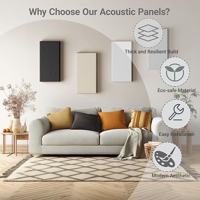 4 Pack High-Density Core with Fabric Cover Acoustic Panels – 24×12×2 In Self-Adhesive Soundproofing and Sound-Absorbing Wall Panels for Echo Reduction in Studio, Theater, or Recording (Cocoa Beige)