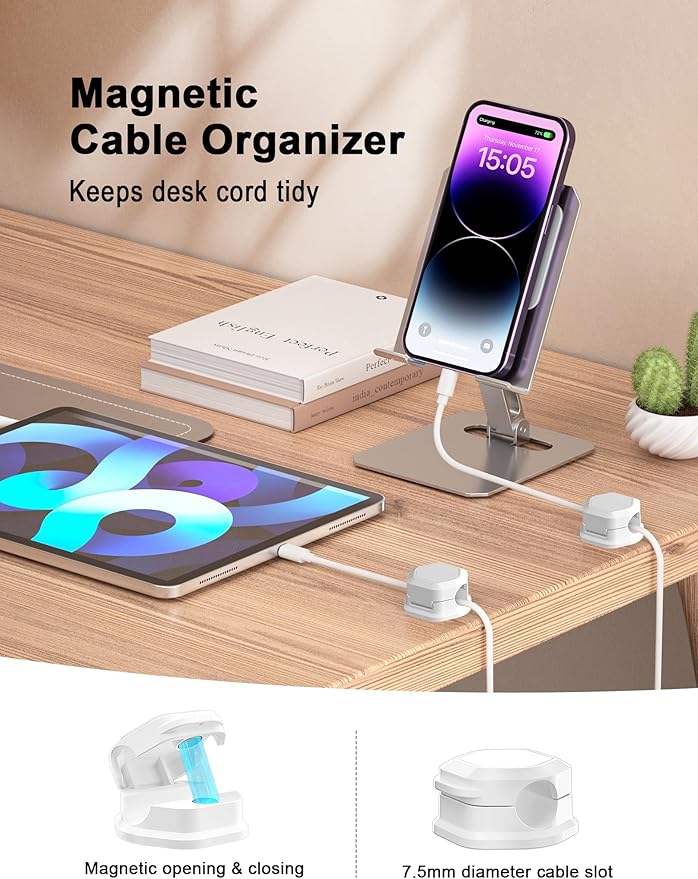 14 Pack Cord Holder - Magnetic Cable Clips - Cord Holder for Nightstand - Cord Organizer for Desk, Magnetic Cord Organizer, for Desk, Nightstand, Phone Charger, Computer, Home, Office, Car (White)