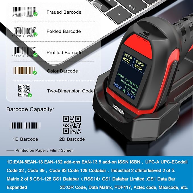 Symcode 2D Industrial Barcode Scanner with Charging Stand and Screen, 433Mhz 2-in-1 Bluetooth Wireless Hands-Free Barcode Reader Rugged Heavy Duty 2000 Feet Transmission Distance for Large Warehouse.
