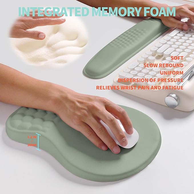 KUOSGM 2-in-1 Ergonomic Set, Wave Rise Keyboard Wrist Rest and Massage Bulge Slope Mouse Pad Wrist Support, Cushion Memory Foam Integrated to Relieve Wrist Pain, Light Green