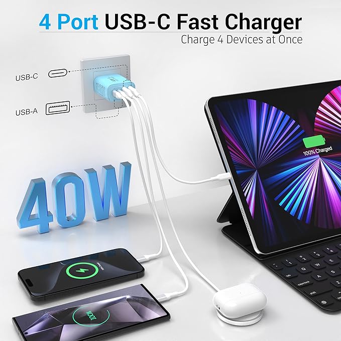 TT&C USB C Block 40W, 4 Ports Wall Plug Fast Charging Block, PD+QC Multiport Power Adapter USB C Charger Type C for iPhone 17, 17 Air, 17 Pro, 17 Pro Max, 16,15,14,13,12, Galaxy Phones (Blue 1Pack)