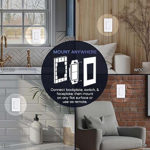 RunLessWire 3-Way Battery-Free DIY Wireless Light Switch Kit 150ft RF Range Self-Powered by Kinetic Energy for Hallways & Stairways: 2 Remote Switches Control 1 5A On/Off Receiver – Light Almond