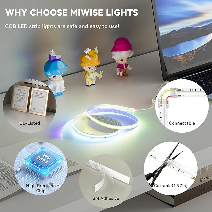 MIWISE 5V USB COB LED Strip Lights,RGB Smart IC LED Strip with App Control,Bluetooth Addressable Music Sync Color Changing Strip Lights,3M Back-Adhesive for Gaming Room PC Home Decor 6.56ft
