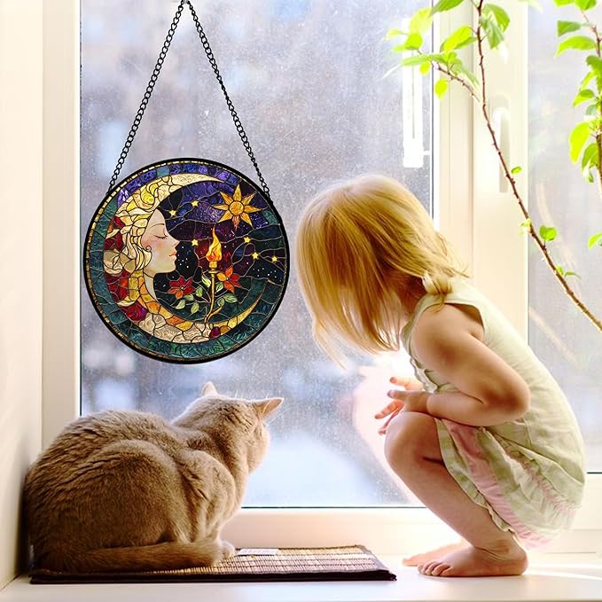 DASTOLL Stained Glass Window Hanging, Moon Goddess Torch Suncatcher Diamond Glass Panel Hangings Dream Sun Catchers Decor for Birthday for Women, Men, Wife, Aunt, and Mom 7.8 in