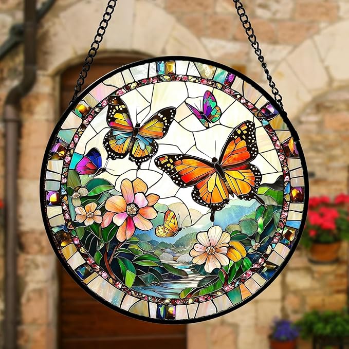 DASTOLL Stained Glass Window Hanging, Butterflies Flying in The Sky Suncatcher for Doors Home Sun Catchers Decoration and Christmas, Mother's Day Birthday Gifts for Women, Men, and Mom 14.9x14.9 in