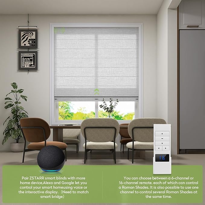 ZSTARR Smart Roman Shades Rechargeable Motorized Blinds with Remote Light Filtering Roman Window Shades Plain Fold Soft for Doors Bedroom, Custom Size (Sheer Gray)