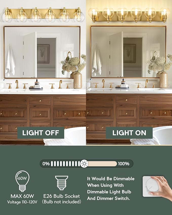 METWET Bathroom Light Fixtures, 6 Light Brushed Gold Vanity Light, 38 Inch Modern Wall Sconces with Globe Clear Glass Shade, Vanity Lighting Fixtures Over Mirror, VL195-BG-6