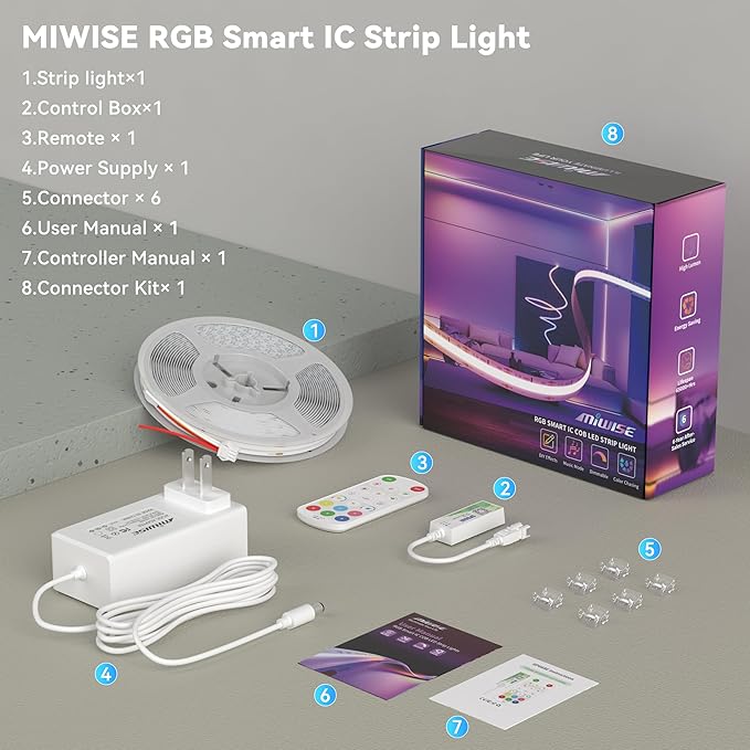 MIWISE LED Strip Lights,RGB Smart IC COB LED Strip Light Color Chasing,24ft Multicolor Flexible LED Tape Light,Music Sync with APP Control,Addressable DIY 16M Colors, for Cabinet,Bedroom,Party Decor