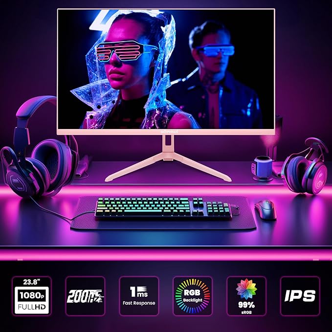 SKitphrati Pink 24 inch Gaming Monitor 200Hz Refresh Rate FHD 1080p Resolution Fast IPS Panel 1ms GTG Response Time Adaptive Sync Built-in Speakers Pink Monitor