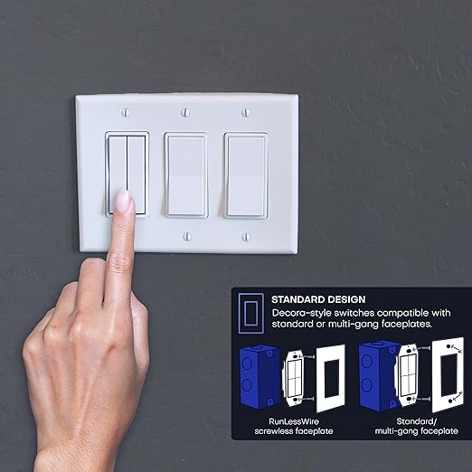 RunLessWire Fan & Light Battery-Free DIY Wireless Light Switch Kit 150ftRF Range Kinetic for Bathrooms & Ceiling Fans: 1 Dual Remote Switch Controls 2 5A On/Off Receivers Separately – Black