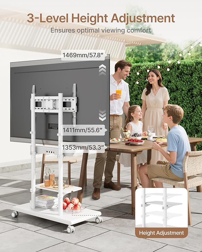 ECOTINY Steel Base Rolling TV Stand with Soundbar Mount for 50-90 inch TVs up to 154lbs, Swivel&Tilt Mobile TV Stand with Large Storage, Height Adjustable Heavy-Duty TV Cart, Max VESA 600x400mm, White