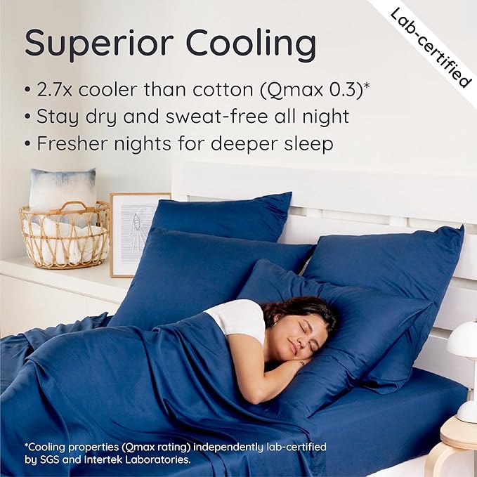Bambaw California King Sheet Set 4pcs – 100% Viscose Derived from Bamboo Sheets, Deep Pocket Cooling Sheets, Fits Up to 16'' with Elastic Corner Straps, Extra Soft Sheet Set (Navy Blue)