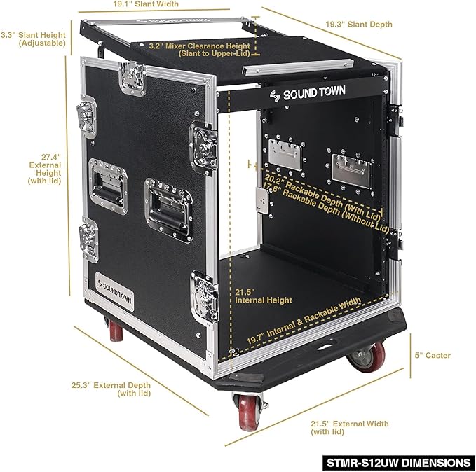 Sound Town High-Quality 1/2” (12mm) Plywood 12U PA DJ Pro Audio Rack/Road ATA Case with 12U Slant Mixer Top, Locking Drawer, 20.2’’ Rackable Depth and Casters (STMR-12D2)